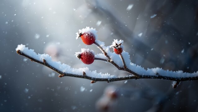 Ethereal close-up of vibrant red rose hips covered in delicate snow and frost clinging to a bare wintery branch under soft diffused light evoking serene natural beauty and the resilience of life in co