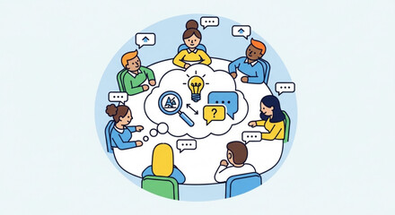 Fototapeta premium Diverse group of people brainstorming ideas in a meeting with a lightbulb and speech bubbles