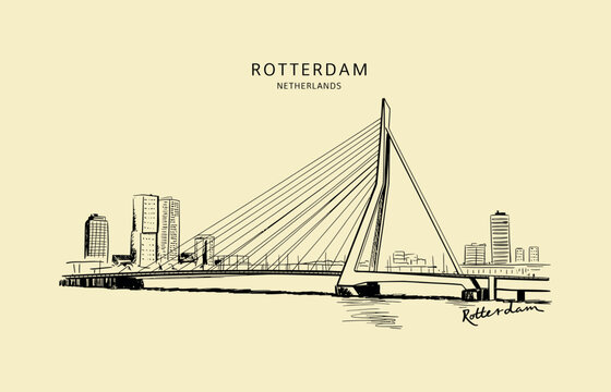 Rotterdam Erasmus Bridge and Skyline Sketch with Water Reflection Netherlands cable-stayed bridge