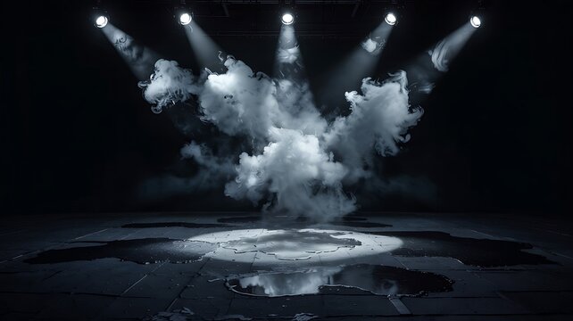 Dramatic stage smoke explosion under spotlights creating abstract cloud effect for performance and theatrical concept