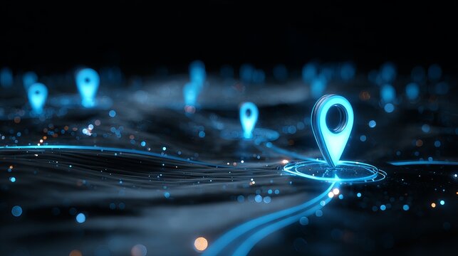 A futuristic digital map with glowing blue location pins and lines on a dark background