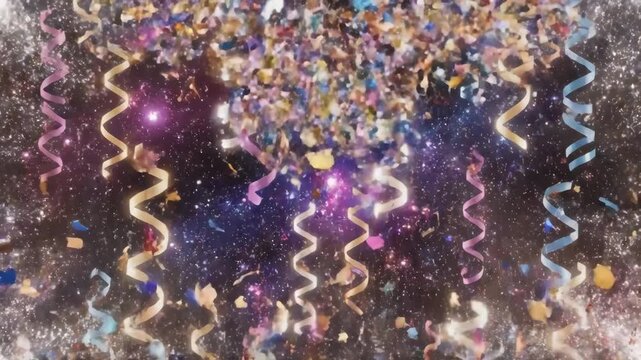 Colorful confetti and streamers fall on a transparent background in a seamless festive overlay with glowing motion and joy.