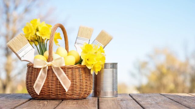 A basket full of Easter eggs and paintbrushes with a can of paint on a rustic wooden table with space for text. A banner for interior design or spring holiday marketing