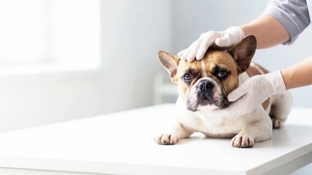 A veterinarian pets a French bulldog lying on an examination table. Banner: Pet in the Clinic with space for text. Concept for professional animal care, routine examinations, and therapy.