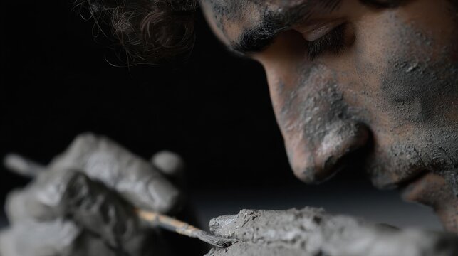 Close-up of a man's face and upper body. he appears to be working on a sculpture or sculpture, as he is holding a paintbrush in his right hand and is in the process of creating a piece of clay.