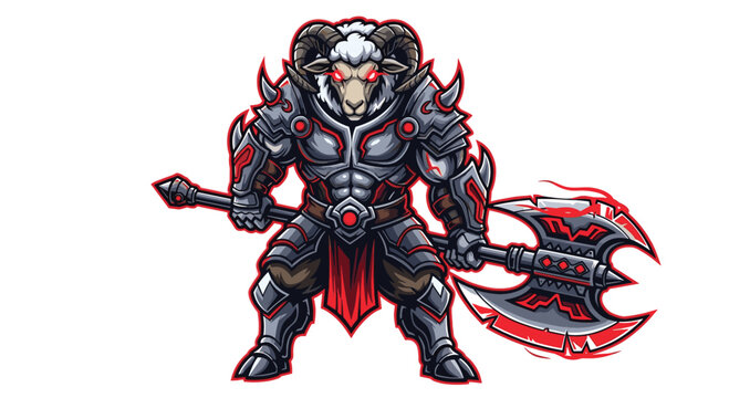 A formidable armored ram warrior, wielding a sharp, dual-bladed axe and encased in menacing red and grey armor, stands ready for epic battle.