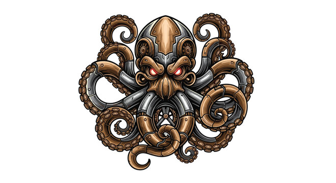 A menacing steampunk octopus, intricately designed with bronze and silver gears, glowing red eyes, and a robust mechanical head, unfurls its powerful tentacles.