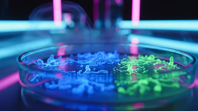 Futuristic Petri Dish Experiment \'96 glowing bacteria in neon laboratory setting, extreme macro view of a transparent petri dish resting on a sleek glass lab table, bioluminescent bacteria