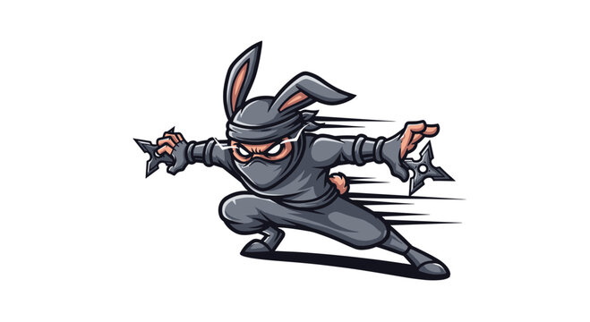 A stealthy rabbit ninja, clad in a grey uniform and mask, charges forward with two sharp shurikens, ready for swift action and martial arts.