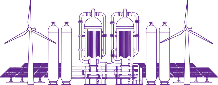 Green Hydrogen Production Factory Concept, Line Art Vector Illustration