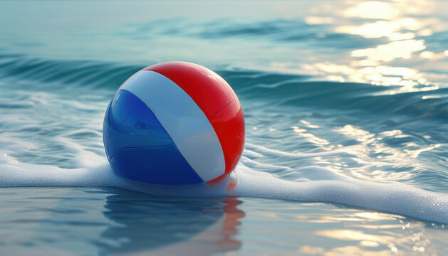 Vibrant red blue and white beach ball on ocean waves at sunset with copy space