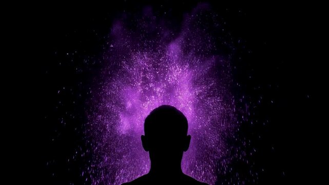 Abstract Spiritual Enlightenment Concept with Glowing Violet Energy Fountain and Dark Backdrop