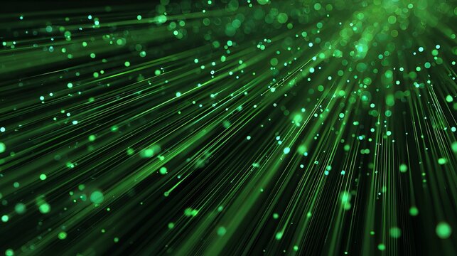 A vibrant green abstract background with glowing lines and dots radiating from the top right corner