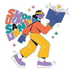 Fototapeta premium Illustration of a person with glasses and a purple headband, wearing an orange jacket and yellow pants, holding an open book and walking