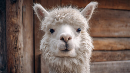 Fototapeta premium A cute white alpaca looks directly at the camera.
