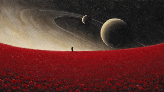 Surreal landscape with red flowers, solitary figure, and celestial bodies