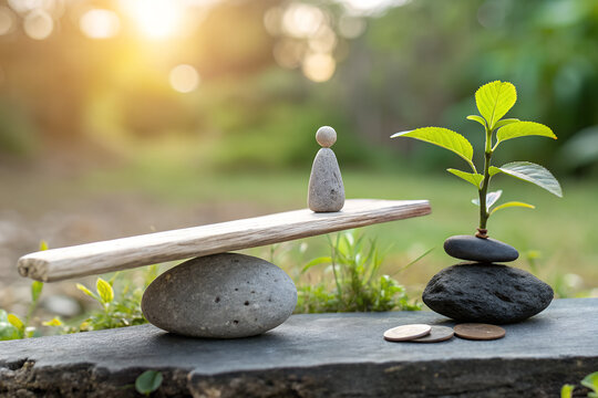 Symbolic balance of nature and life with stones, plant, coins, and wooden plank in serene outdoor sunlight representing harmony, sustainability, and equilibrium   generative ai