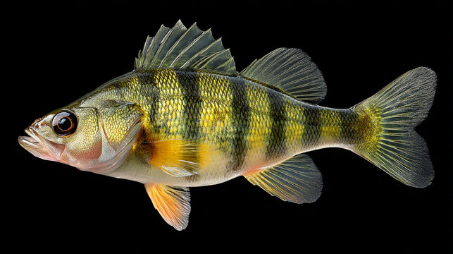 A striking yellow perch fish showcased on black.