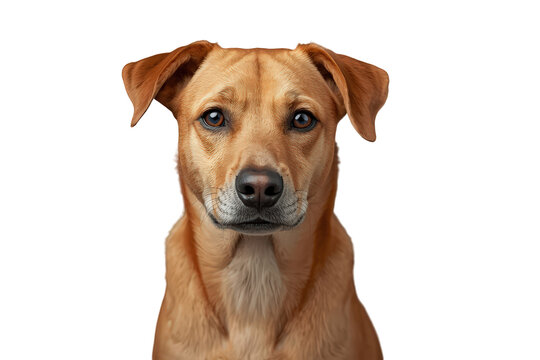 Tan mixed breed dog looking at camera, headshot of domestic animal with expressive eyes, transparent background