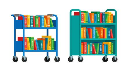 Two colorful book carts filled with diverse reading materials are displayed © MITHUN