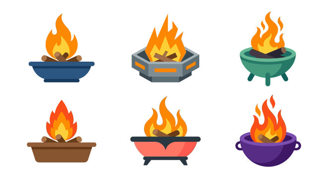 Colorful illustration of various fire pits and burning flames