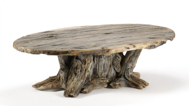 A weathered, rustic coffee table with a broad, oval wooden top and a tree-trunk base