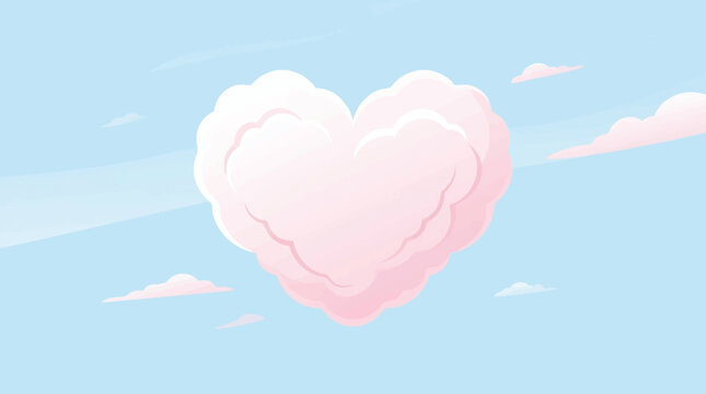 A pink heart shaped cloud floats in the blue sky with white clouds.