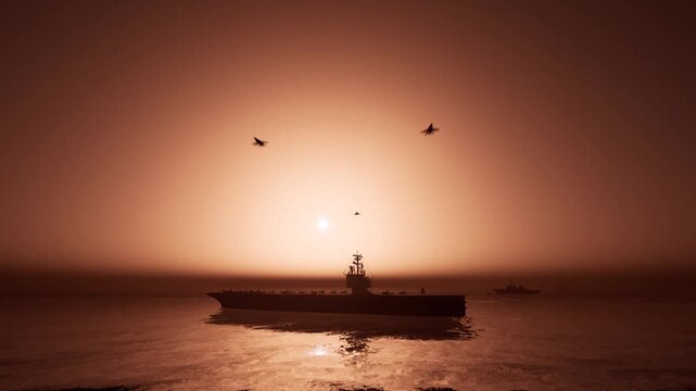 Aircraft carrier silhouette at sunset with fighter jets flying over the ocean.3D animation.