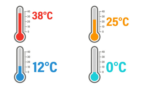 Four thermometers displaying varying temperatures in celsius scale