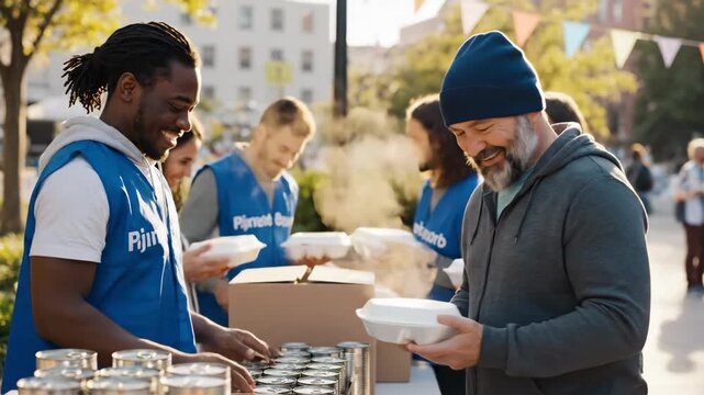 Diverse volunteers distributing hot food and canned goods outdoors