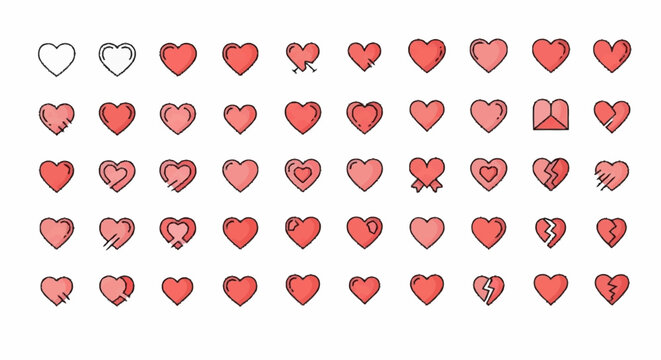 A diverse collection of pixelated heart icons in various states of completeness and design