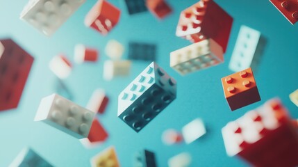 Fototapeta premium Dynamic composition of colorful plastic building blocks floating in midair against a blue background. Perfect for creativity, toys, and child development concepts