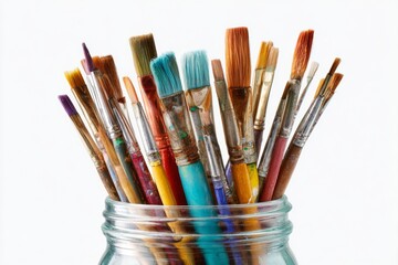Fototapeta premium Watercolor Brushes Arranged in a Glass Jar on White Background for Creative Hobby