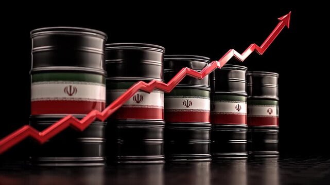 oil barrels with iranian flag on it and rising red market chart graph on dark background