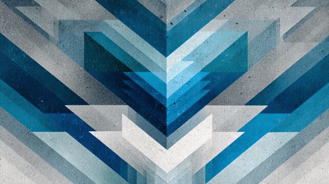 A geometric abstract art piece featuring blue and gray chevrons on a textured background