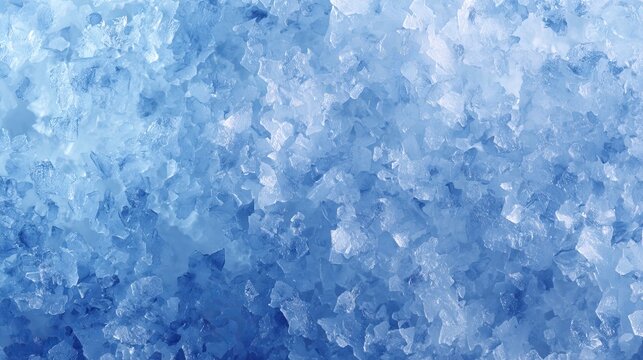 A close-up view of a pile of small ice crystals in various shades of blue and white