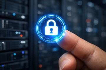 Fototapeta premium Finger touching glowing blue padlock icon, symbolizing data security and privacy in a server room