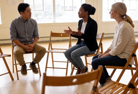 Three adults sharing and listening in a support group circle indoors, mental health counseling and peer discussion for communication and recovery
