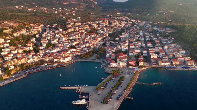 Panoramic aerial view of the town of Pylos, Navarino Coast, Peloponnese, Greece, during sunset time