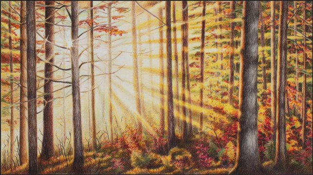 Sunlight streams through tall trees in a vibrant autumn forest with colorful foliage and dappled light