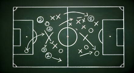 Obraz premium A chalkboard depicts a soccer field with tactical markings and player positions high-quality professional detailed