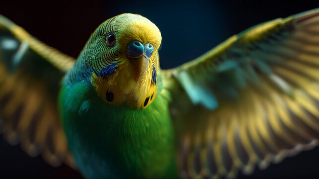 A beautiful green and yellow parakeet flies directly.