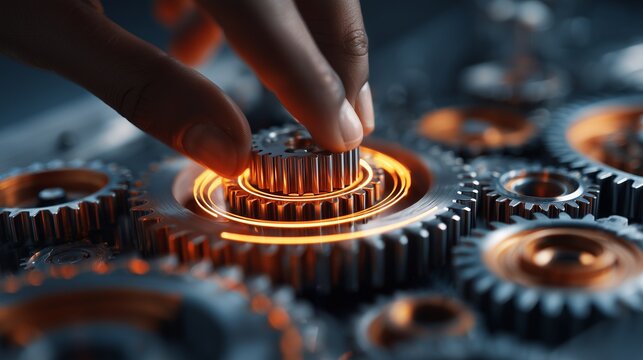 Hand adjusting a glowing gear among metal gearset, symbolizing maintenance, business development and automation in industrial systems.