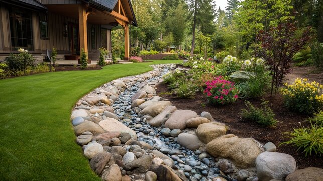 Garden with installed french drain system featuring a dry creek bed of river rock beside lawn and planted border, illustrating landscape drainage and erosion control.