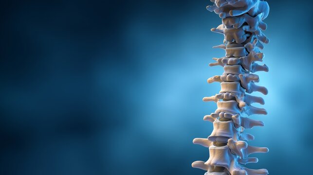 Lateral view of a human spine vertebra structure against blue copy space, highlighting vertebra, disc, spinal cord pathway and anatomical alignment.