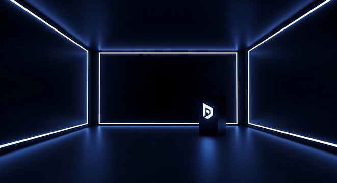 A sleek, modern room with neon lights and a mysterious cube in the center