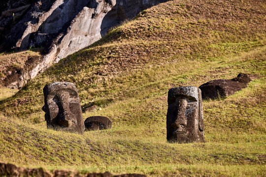 Drei steinerne Moai-Statuen der Osterinsel vor einem steilen Berghang im Sonnenlicht