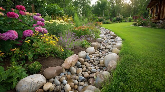 Garden with installed french drain system, landscaped yard showing gravel-filled trench with river rock, perforated pipe drainage, lush lawn and flowerbed to manage runoff and prevent waterlogging.