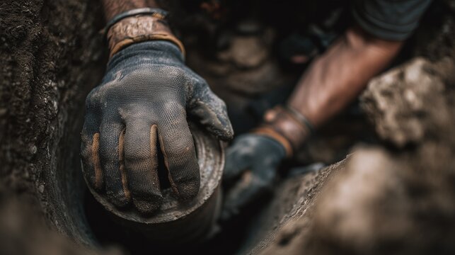 Plumber hand in glove handling sewer pipe joint in muddy trench &acirc;&euro;&rdquo; sewer work, water leak repair and drainage solution.