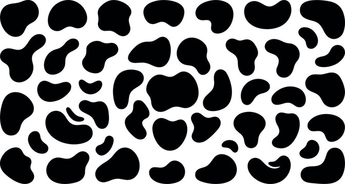 cowhide pattern spots set, animal cattle skin patches and organic abstract shapes, black cow print vector elements isolated on transparent background